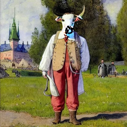 Image similar to painting by carl larsson, cow, dressed, anthropomorphic!!, wearing!!! clothes!!!, standing next to royal castle!!!