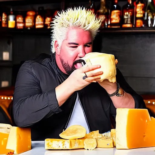 Image similar to guy fieri drinking cheese milk from the teat of a cheese goat