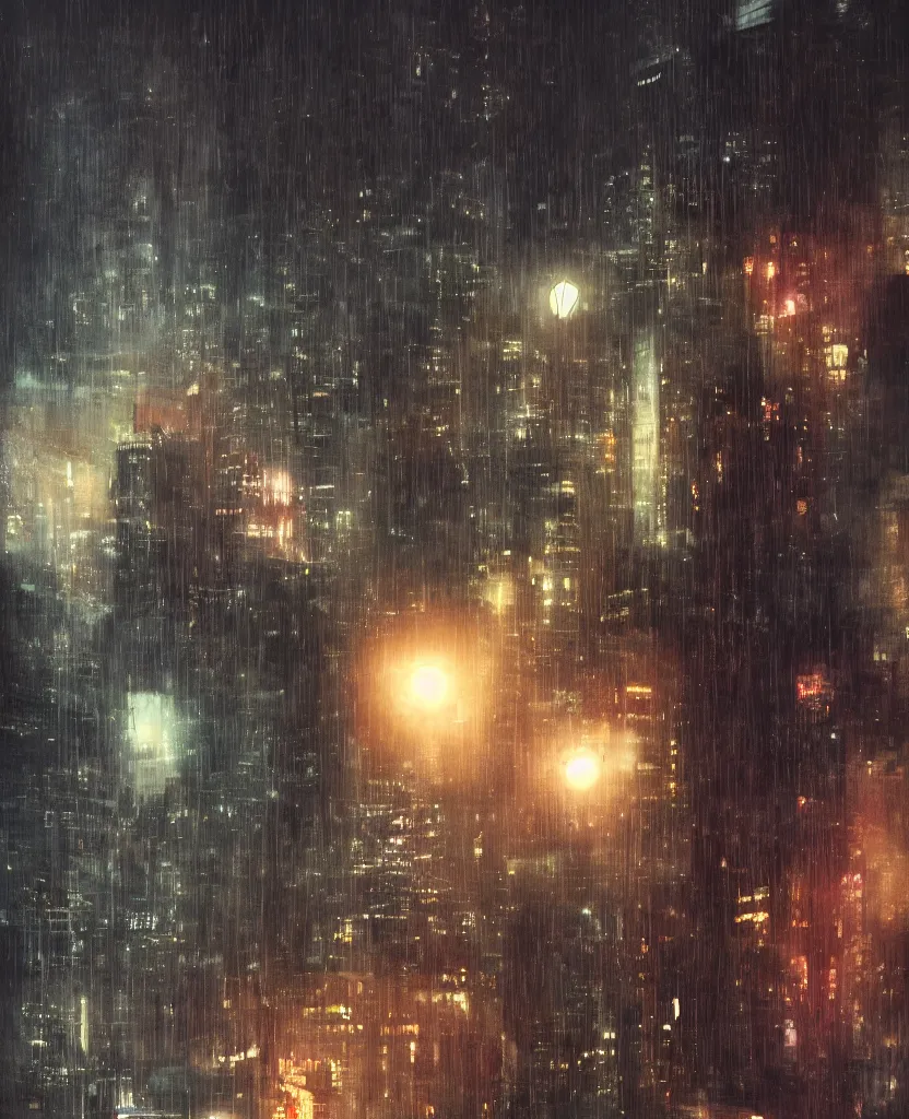 Image similar to cluttered futuristic city at night, rain, girl under lantern, by Sean Foley