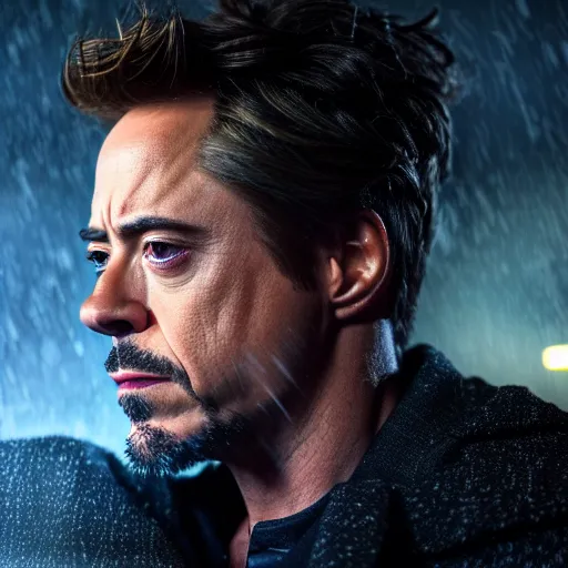 Image similar to photorealistic, hyperdetailed photograph portrait of robert downey junior, night, city, rain, dense fog, hd, 8 k resolution