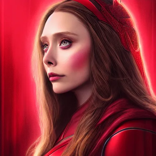 Image similar to A portrait of elizabeth Olsen as scarlet witch with horns, cinematic, digital art, amazing detail