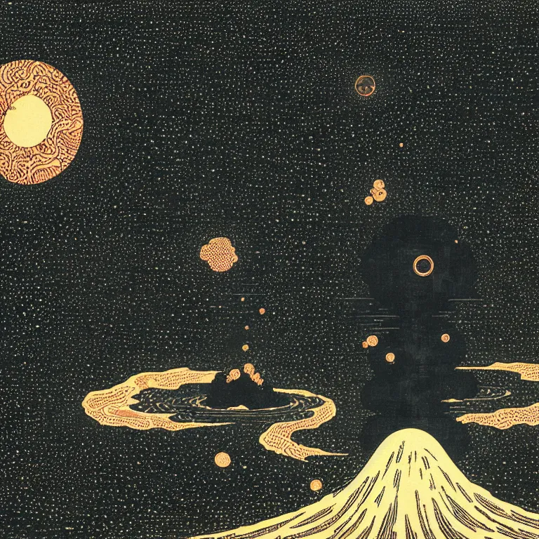 Image similar to black hole with nebula explosion, woodblock print by hokusai and victo ngai, behance contest winner, environmental art, lovecraftian