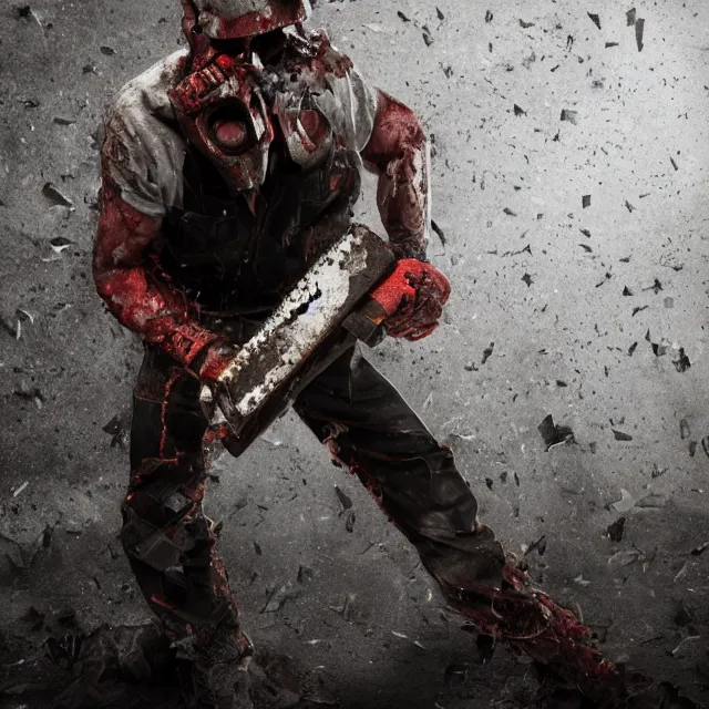 Image similar to chainsaw man with a chainsaw head, dark cinematic, volumetric, realistic, 3 d render, cinematic lighting, ray tracing, cinematic, unreal engine 5, unreal engine render, octane render, hyper realistic, photo, 8 k