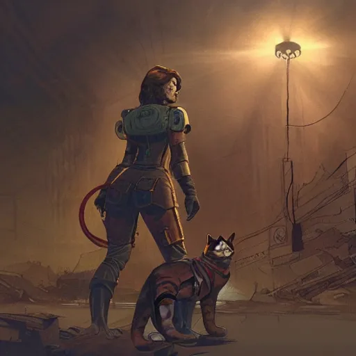 Image similar to fallout 5, concept art drawings of the opening scene, storyboard, concept art, comic style, female protagonist and large feline companion, atmospheric lighting, painted, intricate, volumetric lighting, beautiful, gritty, rich deep colours masterpiece, sharp focus, ultra detailed by jack kirby, ignacio fernandez rios, thierry doizon