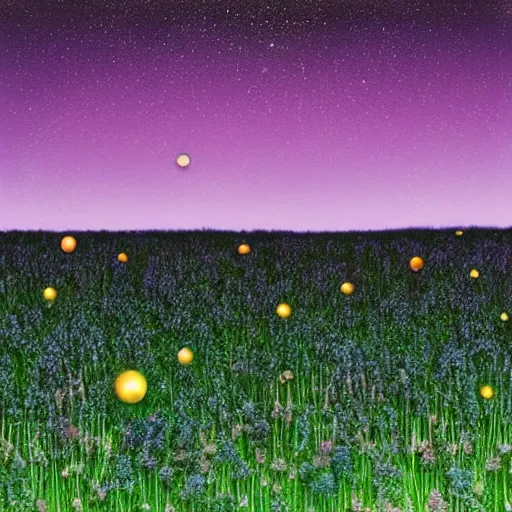 Prompt: field of beautiful luminescent pink and blue mycena fungi, emitting spore clouds, midnight, huge golden moon with small craters visible in night sky, hyperrealistic, detailed, soft lighting, fireflies