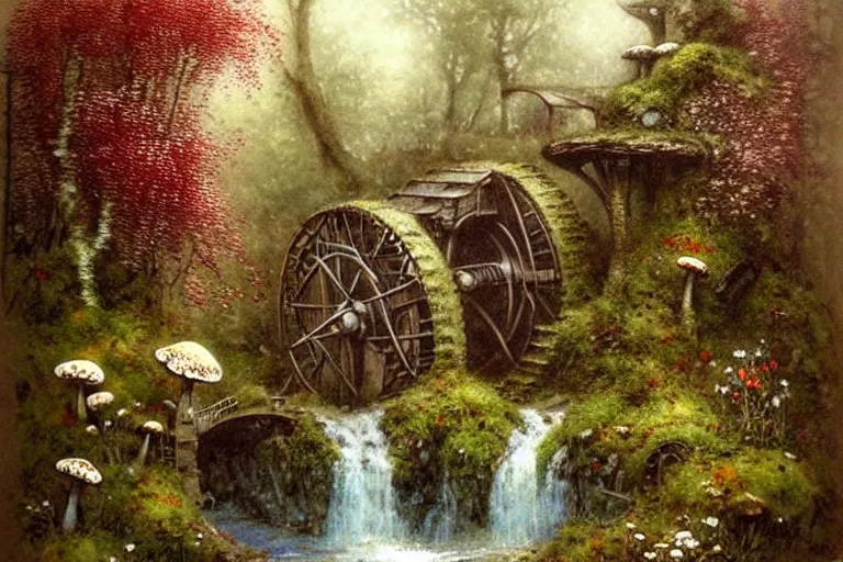 Image similar to adventurer ( ( ( ( ( 1 9 5 0 s retro future waterwheel and mill in forrest of giant mushrooms, moss and flowers stone bridge waterfall. muted colors. ) ) ) ) ) by jean baptiste monge!!!!!!!!!!!!!!!!!!!!!!!!! chrome red