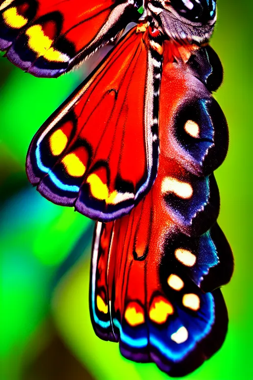 Image similar to high quality macro photo iridescent cecropia moth! jeweled gorgeous! highly detailed concept art david ligare elson peter cinematic neon lighting high quality low angle hd 8k sharp shallow depth of field