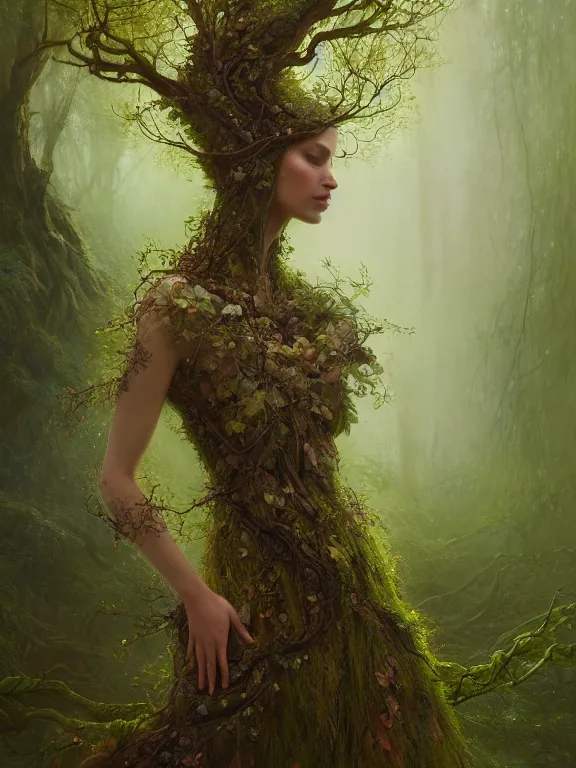Prompt: Full View Portrait Mystical ethereal woodland deity wearing beautiful dress, Oak Dryad made of vines tree bark moss beautiful dress, 4k digital masterpiece by Greg Rutkowski and Ruan Jia and Tom bagshaw, Alberto Seveso, fantasycore, Hyperdetailed, realistic oil on linen, soft lighting, kush background, featured on Artstation, textured, stylized, intricate details