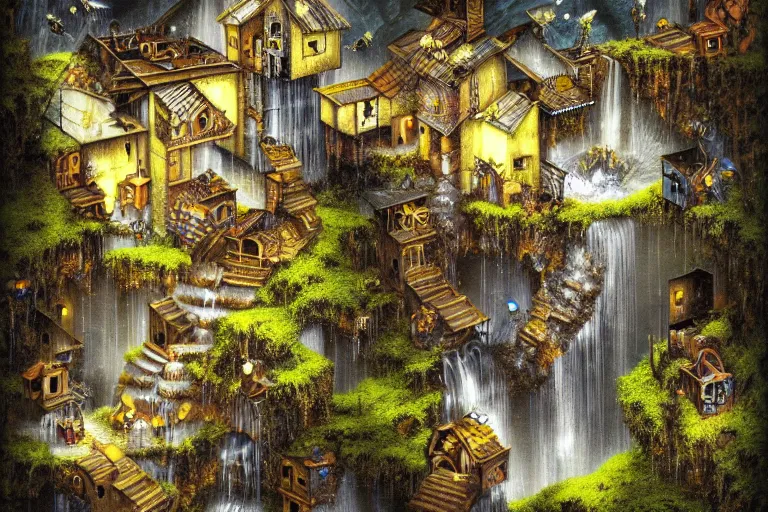 Image similar to gothic escher waterfall favela honeybee hive, subconscious environment, industrial factory, award winning art, epic dreamlike fantasy landscape, ultra realistic,