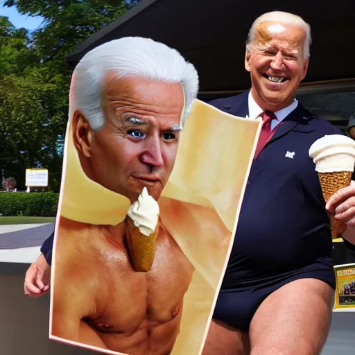 Image similar to obese Joe Biden in a Speedo, holding a gigantic ice cream cone, award winning photo, trending on artstation, 8k