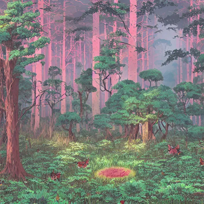 Image similar to ancient forest clearing, fairy circles, a poster by studio ghibli, featured on pixiv, environmental art, hd, highly detailed and intricate masterpiece