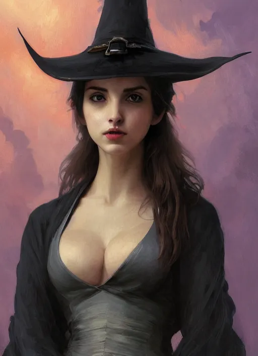 Prompt: character concept portrait of anna de armas as a witch with a big black pointy hat casting a spell, a floating burning love potion in the center, intricate, elegant, digital painting, concept art, smooth, sharp focus, illustration, from Metal Gear, by Ruan Jia and Mandy Jurgens and William-Adolphe Bouguereau, Artgerm