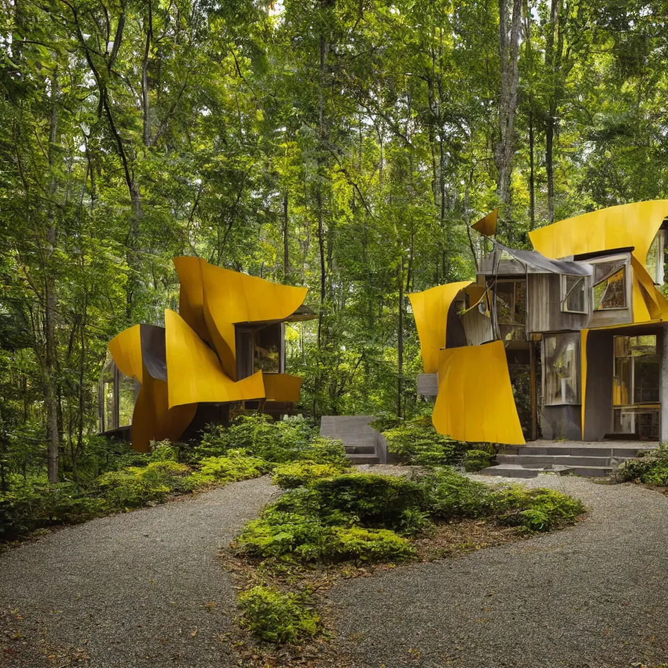 Prompt: a tiny bungalow in a forest, designed by Frank Gehry. Tiles. Small gravel driveway . Film grain, cinematic, yellow hue