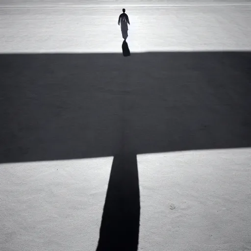 Image similar to solitary figure casting parallel shadows on a dusty white plane