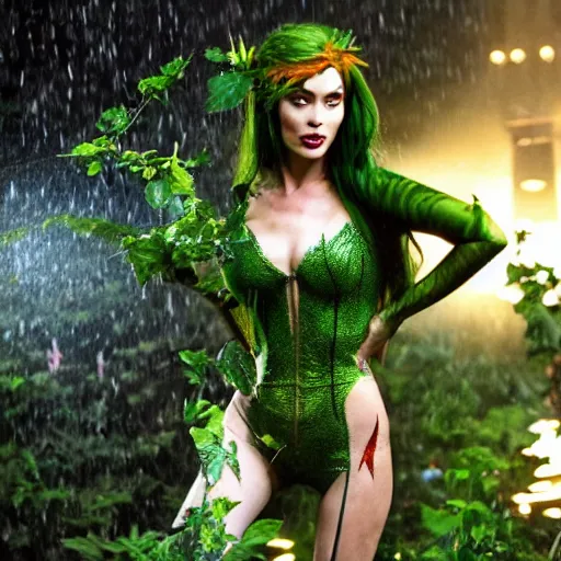 Image similar to stunning awe inspiring megan fox as poison ivy, movie still 8 k hdr atmospheric lighting