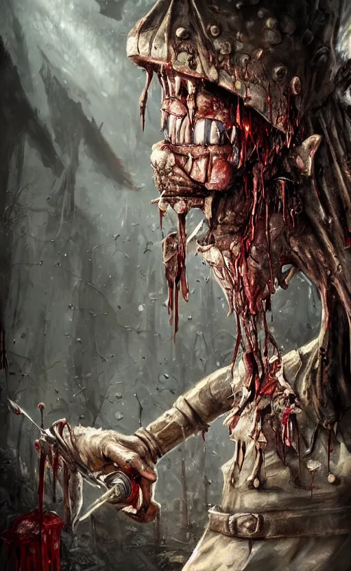 Image similar to photorealistic fantasy concept art of pinocchio as a monster, with bloody dripping down his face and mouth, dynamic lighting, cinematic, ultra detailed, stunning visuals, creative, trending on art station