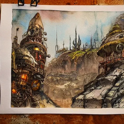 Image similar to #Fantasy #Landscape Collection Original #Watercolor #Painting Steampunk Scifi Surreal Land Whimsical #Ornate #Concept #Art #World Building Cityscape