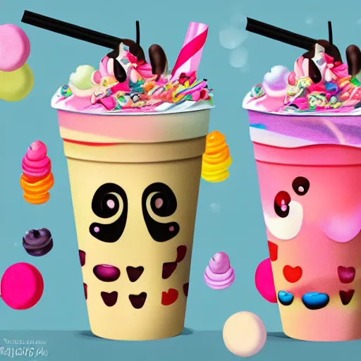 Prompt: mini unicorn, bubble tea, macaron, ice cream, fruits, panda, colorfull, 4k, hyperrealistic, focused, extreme details