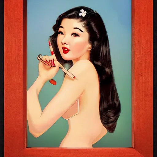 Prompt: pin - up fullbody portrait of a beautiful young asian woman, pretty long hair, intense flirting, showing curves, symmetrical face, digital art, smooth, extremely detailed, model pose, intense look, dream, cherry blossoms, gorgeous young model, traditional beauty, pretty, by wu bayard, by gil elvgren, by ralph horsley, by hanks steve