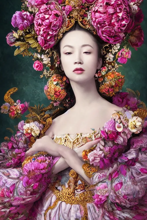 Prompt: a beautiful empress portrait, with a brilliant, impossible striking big flower headpiece, clothes entirely made out of flowers, garden backdrop, symmetrical, dramatic studio lighting, rococo, baroque, jewels, asian, hyperrealism, closeup, D&D, fantasy, intricate, elegant, highly detailed, digital painting, artstation, octane render, 8k, concept art, matte, sharp focus, illustration, art by Artgerm and Greg Rutkowski and Alphonse Mucha