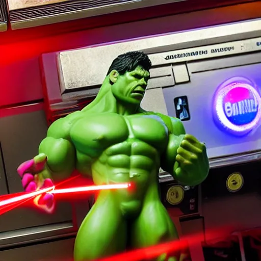 Prompt: Accidents, The Hulk working as a 7/11 cashier using a red laser scanner, cash register, red laser scanner, wide wide shot, very detailed, beautiful lighting, red laser, broken counter, broken, fire, smoke