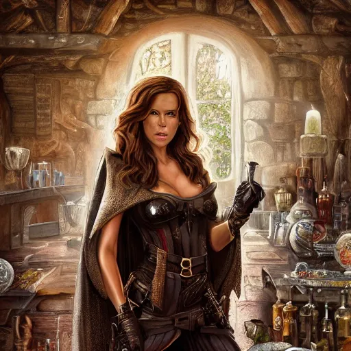 Prompt: kate beckinsale weared as thief, with knives in bandolier and cloak cape, sit in dark fantasy tavern near fireplace, behind bar deck with bear mugs, lockpicks and pile of gold, medieval dnd, colorfull digital fantasy art, 4k