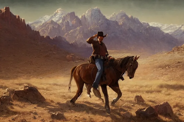 Prompt: an ultradetailed image of sam winchester as an old west gunfighter shooting at a charging wendigo, ultrawide lens, aerial photography, desert landscape with snowy mountains in the far background, masterpiece, 8 k, art by greg rutkowski and albert bierstadt