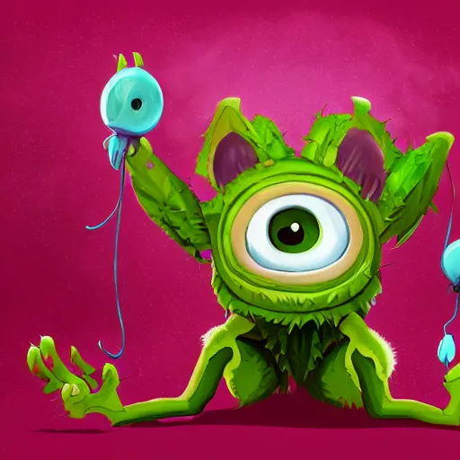 Image similar to cute furry anthropormorphic unusual alien flower monster with big eyes and leafy arms and legs character concept detailed painting 4 k