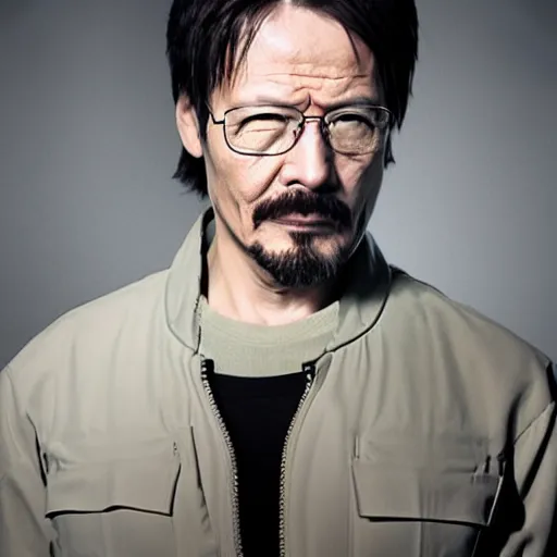 Image similar to Hideo Kojima as Walter White, matte paint, portrait, very coherent, airbrush