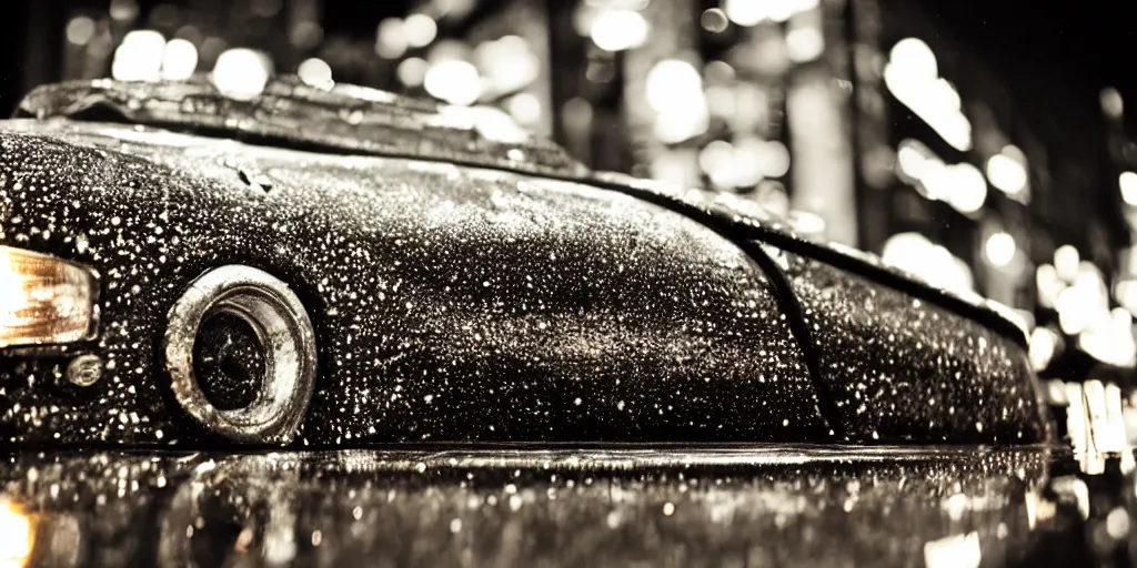 Image similar to close up macro shot of a ford t car on wet tokyo street at night, intricate, hyper detailed, smooth, dramatic lighting, cinematic