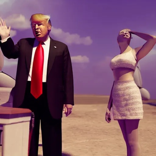 Image similar to Donald Trump with uwu girl body, realistic artstyle, wide shot, dramatic lighting, octane render, hyperrealistic, high quality, highly detailed, HD, beautiful, cinematic, 8k, unreal engine, facial accuracy, symmetrical