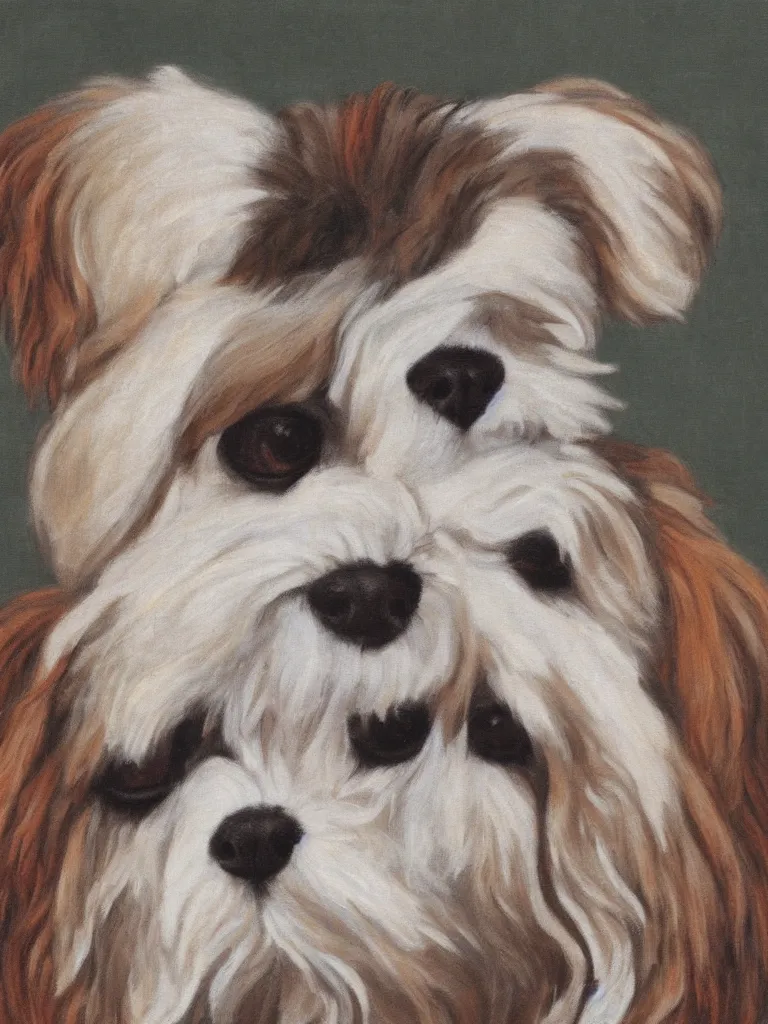 Image similar to self portrait of a cream colored havanese dog with strong eyebrows, by frieda kahlo