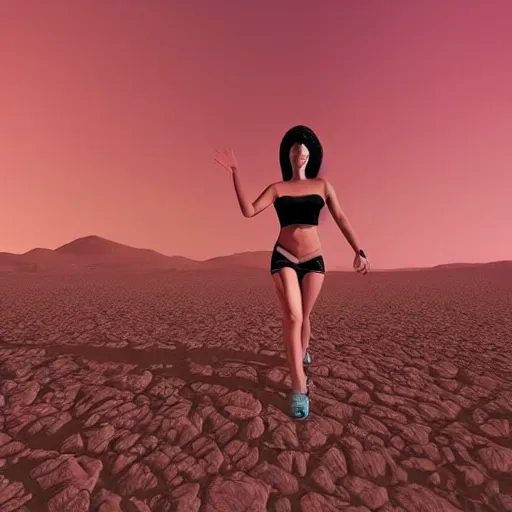 Image similar to A wide angle shot from below of a feminine body walking with swagger towards camera on mars in an infinite universe , synthwave digital art