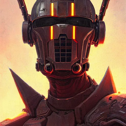 Image similar to the doomslayer with glowing armor as a realistic scifi cyberpunk knight, closeup portrait art by donato giancola and greg rutkowski, vintage retro scifi, realistic face, digital art, trending on artstation, symmetry!!!