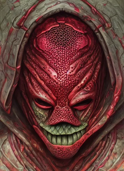 Image similar to raspberry mf doom reptile eyes, metal raspberry skin. intricate, elegant juice, highly detailed, centered, digital painting, artstation, concept art, smooth, sharp focus, illustration, artgerm, tomasz alen kopera, peter mohrbacher, donato giancola, joseph christian leyendecker, wlop, frank frazetta