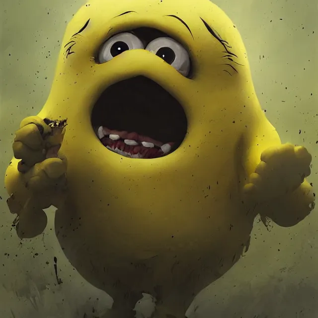 Image similar to a terrifying yellow minion shrieking and gnashing its teeth, digital art by greg rutkowski