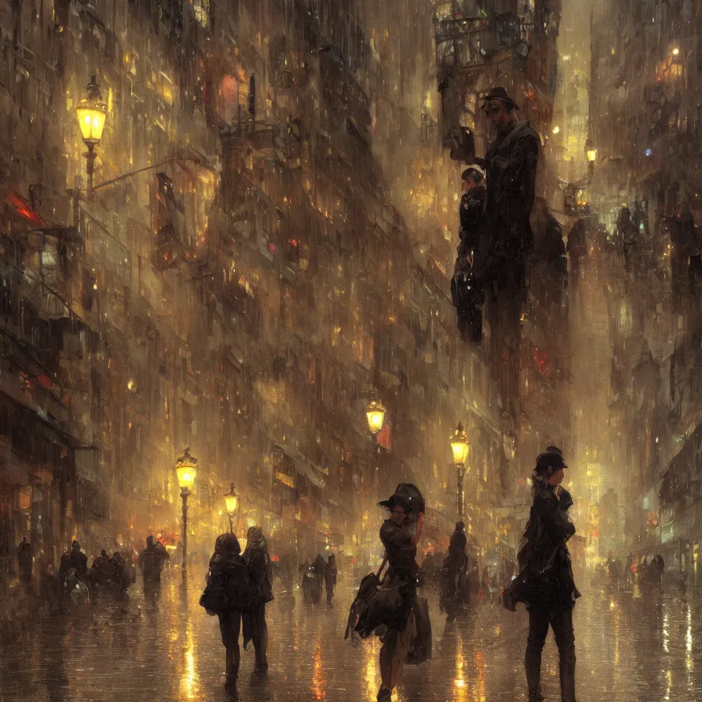 Image similar to a beautiful city at night, wet sidewalk, people, reflections, raindrops, art by craig mullins, greg rutkowski, alphonse mucha, trending on artstation, extremely detailed, masterpiece