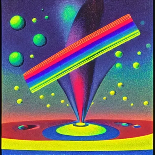 Image similar to neon void, rainbow road in the distant deep space, liminal, by dr. seuss and max ernst