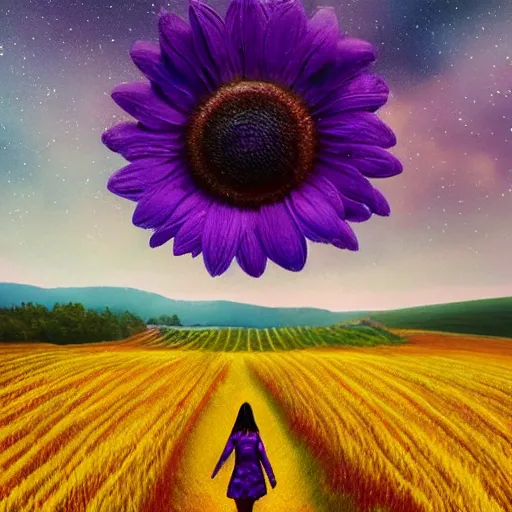 Prompt: giant purple daisy flower as a head, girl walking in wheat field, hills, surreal photography, dark night, star trails, dramatic light, impressionist painting, clouds, digital painting, artstation, simon stalenhag