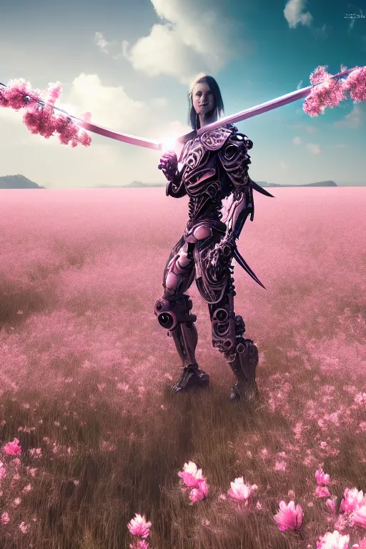 Prompt: illustration cinematic cyborg dragon holding katana in a field of pale pink flowers, highly detailed smooth digital art masterpiece, vitaly bulgarov dramatic light, ground angle uhd 8 k, sharp focus