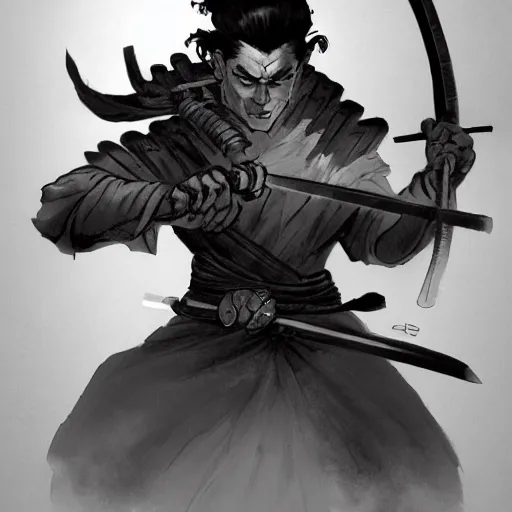 Image similar to samurai by frank frazetta, wielding a glowing magical katana, dynamic pose, eastern influences, fantasy, very detailed, dungeons & dragons, sharp focus, striking, artstation contest winner, detailed