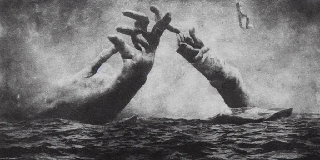 Prompt: a boat being grabbed by a giant underwater hand, 1 9 0 0 s photograph