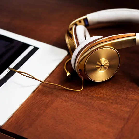 Prompt: beautiful well designed meze classics headphones gold metal, wood cups, leather padding, next to an amplifier on mahogany desk, modernist headphones, wood headphones hyperrealistic, audiophile, intricate high detail, extreme quality, photographic, meze audio, sennheiser