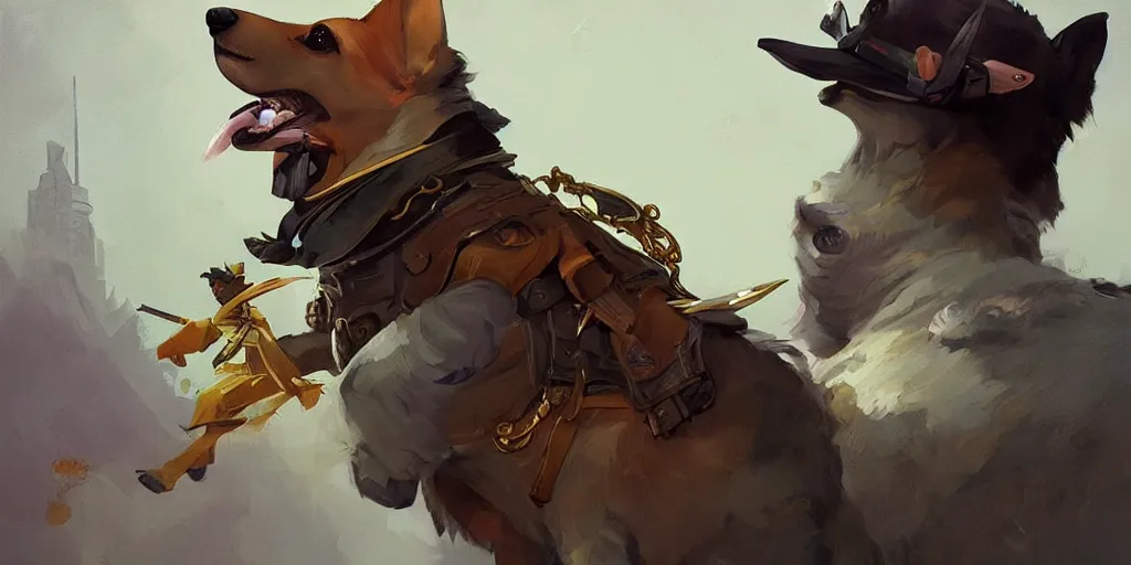 Prompt: beautiful painting of a corgi assassin king, by Sergey Kolesov, Tristan Eaton, James Gurney. trending on Artstation, 8k, masterpiece, graffiti paint, dishonored, fine detail, full of color, intricate detail, golden ratio illustration