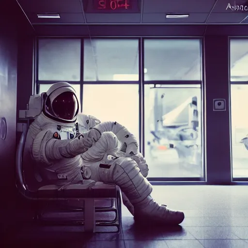 Image similar to a beautiful photo of an astronaut waiting in a laundromat, soft light, morning light, photorealistic, realistic, octane, 8k, cinematic shot