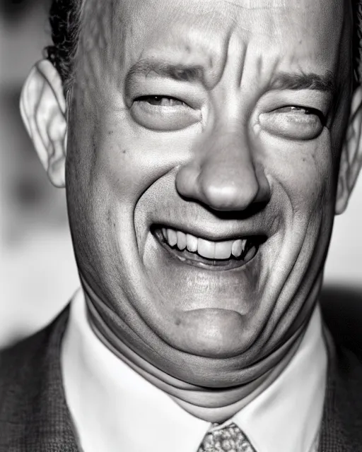 Image similar to tom hanks laughing, hyper realism, high detail, extremely detailed, very sharp, award winning photoin the style of mary ellen mark