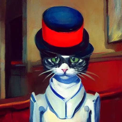 Prompt: a robotic cat wearing a hat, a highly detailed edward hopper painting, by adrian ghenie and gerhard richter. art by sorolla. masterpiece, flat surreal design with deep colours. 8 k. artstation