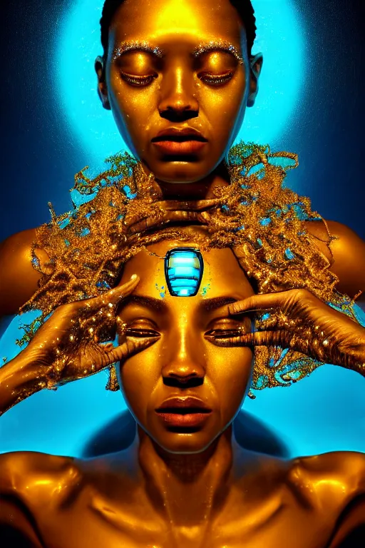 Prompt: hyperrealistic cybernetic cinematic bioluminescent very expressive! oshun goddess whole body underwater, gold jewerly, highly detailed face, digital art masterpiece, smooth eric zener cam de leon, dramatic pearlescent turquoise light on one side, low angle uhd 8 k, shallow depth of field