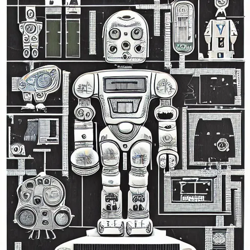 Image similar to a diagram of a robot body with various parts, cyberpunk art by eduardo paolozzi, behance contest winner, computer art, greeble, steampunk, poster art, james turrell, post it note art, optical illusion art, joseph stella, andy warhol, venus of willendorf, vintage robot, robot illustration