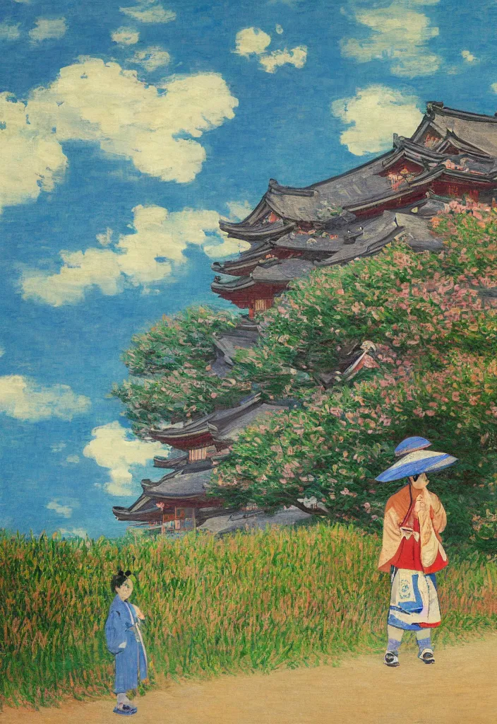 Prompt: tiny samurai in front of a futuristic japanese country side landscape, edo era house in the background, blue sky, magnificient clouds, lofi vibe, vivide colors, amazing light, really beautiful nature, oil painting, impressionist style, by claude monet, by ghibli, by kandinsky, multiple brush strokes, masterpiece